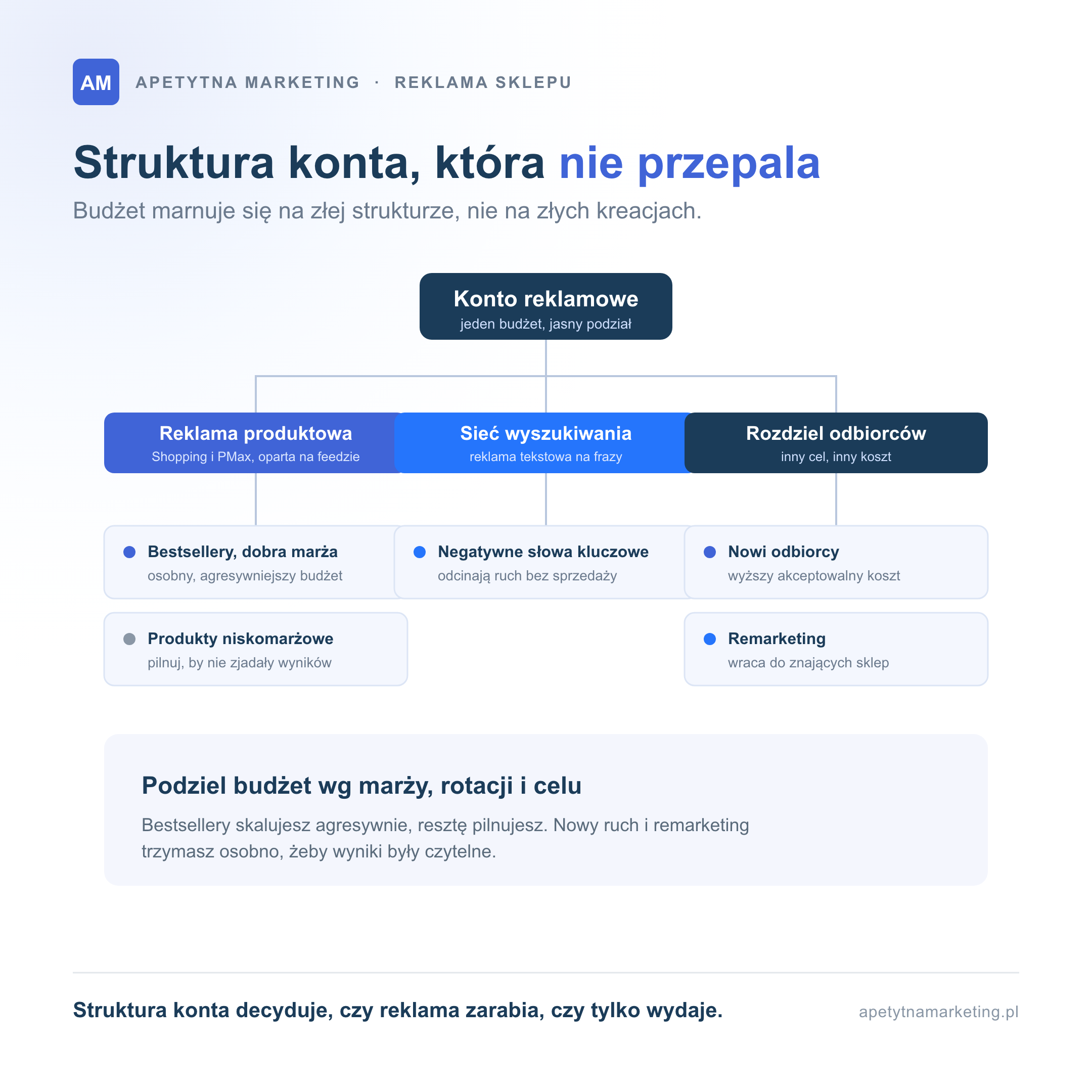 Struktura konta reklamowego sklepu internetowego: podział na reklamę produktową, sieć wyszukiwania i rozdzielenie nowych odbiorców od remarketingu