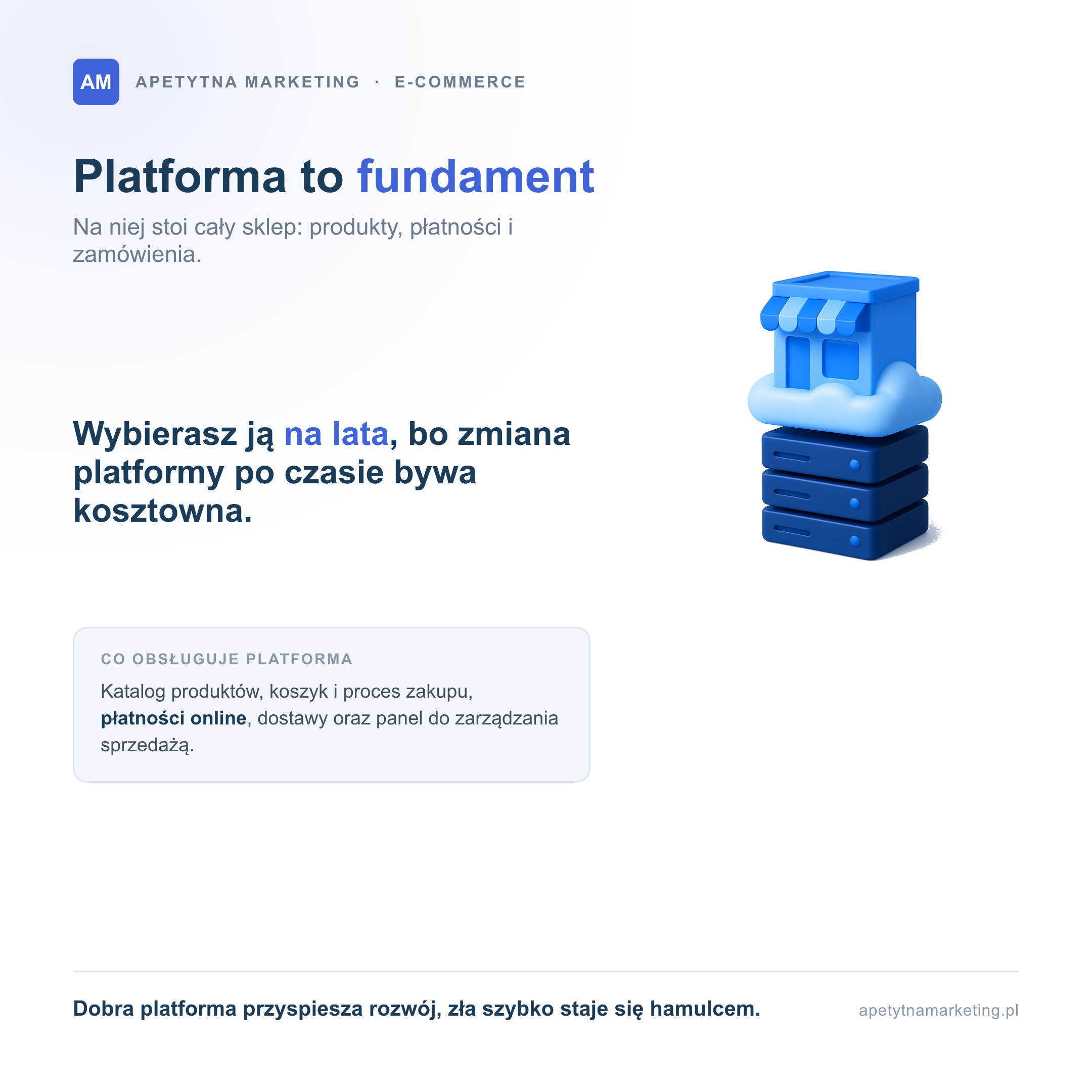 Platforma e-commerce to fundament, na którym stoi cały sklep internetowy: obsługuje katalog produktów, koszyk i proces zakupu, płatności online, dostawy oraz panel do zarządzania sprzedażą. Platformę wybiera się na lata, bo jej zmiana po czasie bywa kosztowna