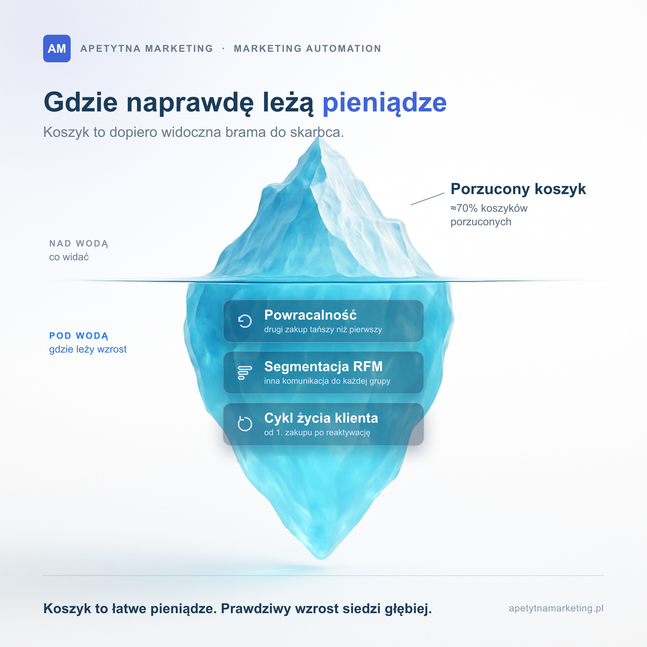 Infografika marketing automation w e-commerce w formie góry lodowej. Nad wodą porzucony koszyk, pod wodą powracalność klientów, segmentacja RFM i cykl życia klienta, czyli gdzie naprawdę leży wzrost przychodu.